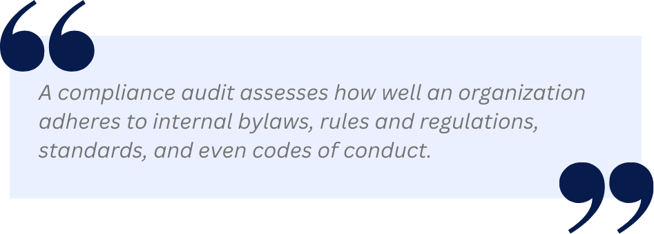 A compliance audit assesses how well an organization adheres to internal bylaws, rules and regulations, standards, and even codes of conduct.