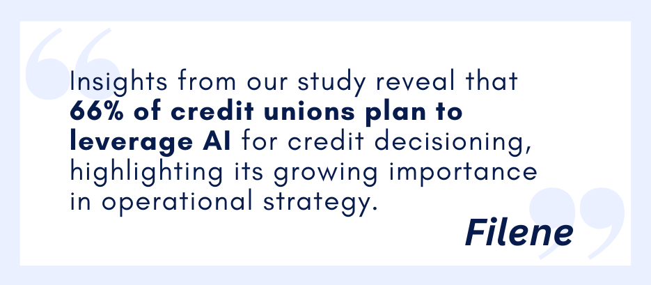 Insights from our study reveal that 66% of credit unions plan to leverage AI for credit decisioning