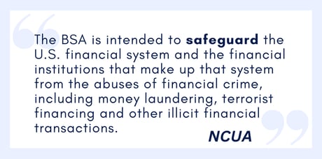 The BSA is intended to safeguard the U.S. financial systems and the financial